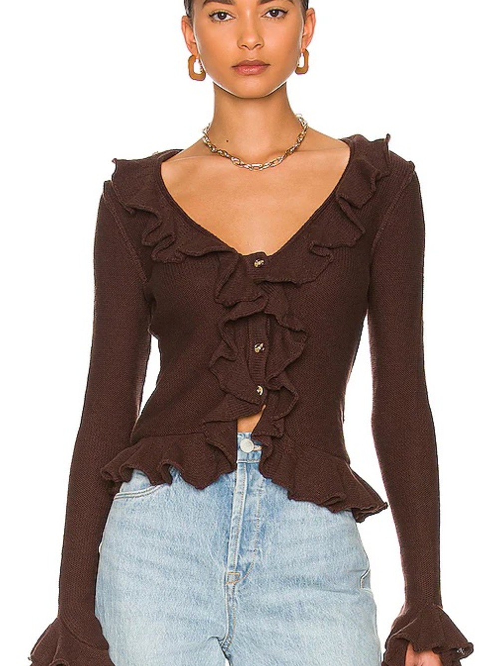 LPA Truffle Brown Ruffle Cardigan Long Sleeve Knit Top Medium NWT